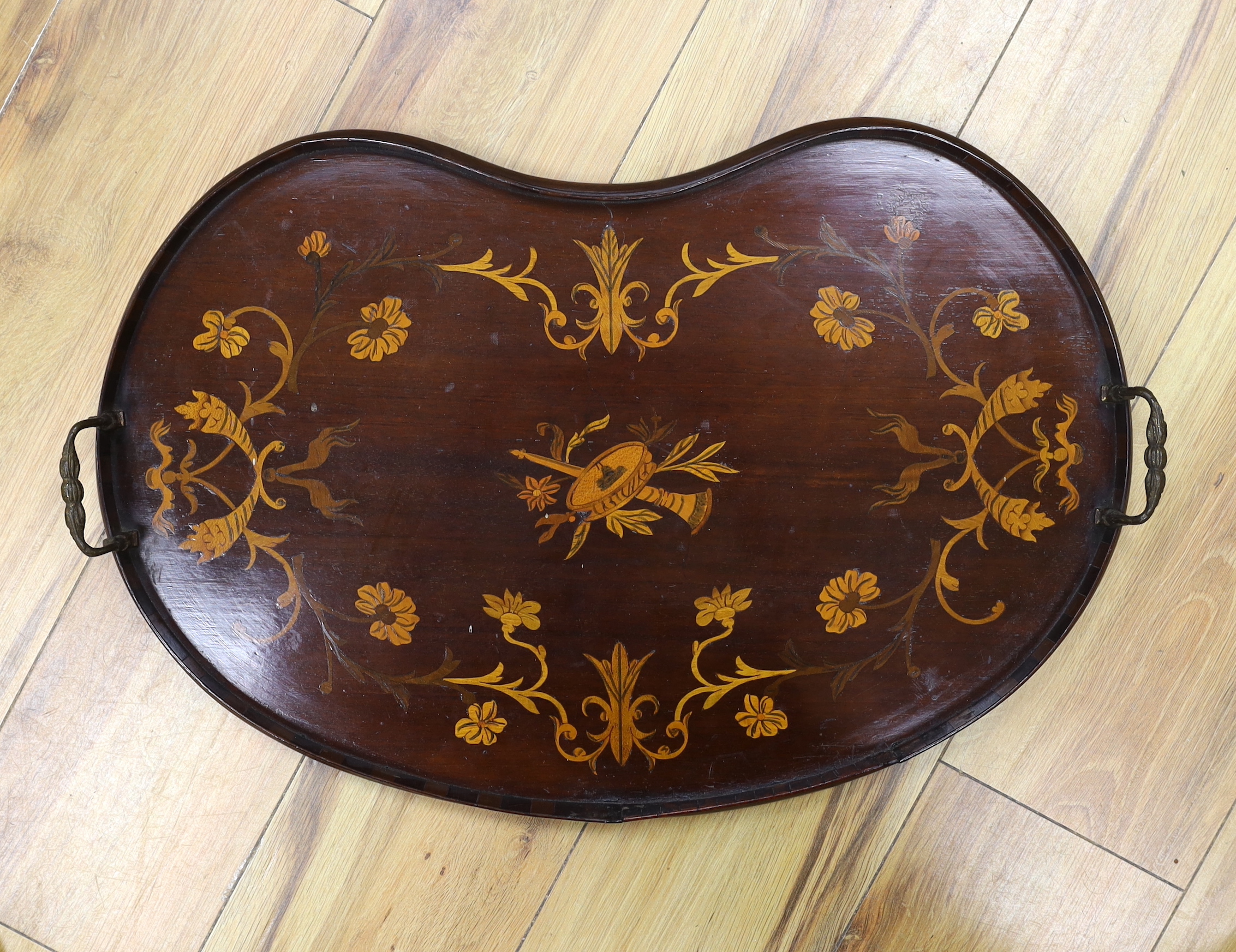 A 19th century mahogany and marquetry kidney shaped tray, 59cm